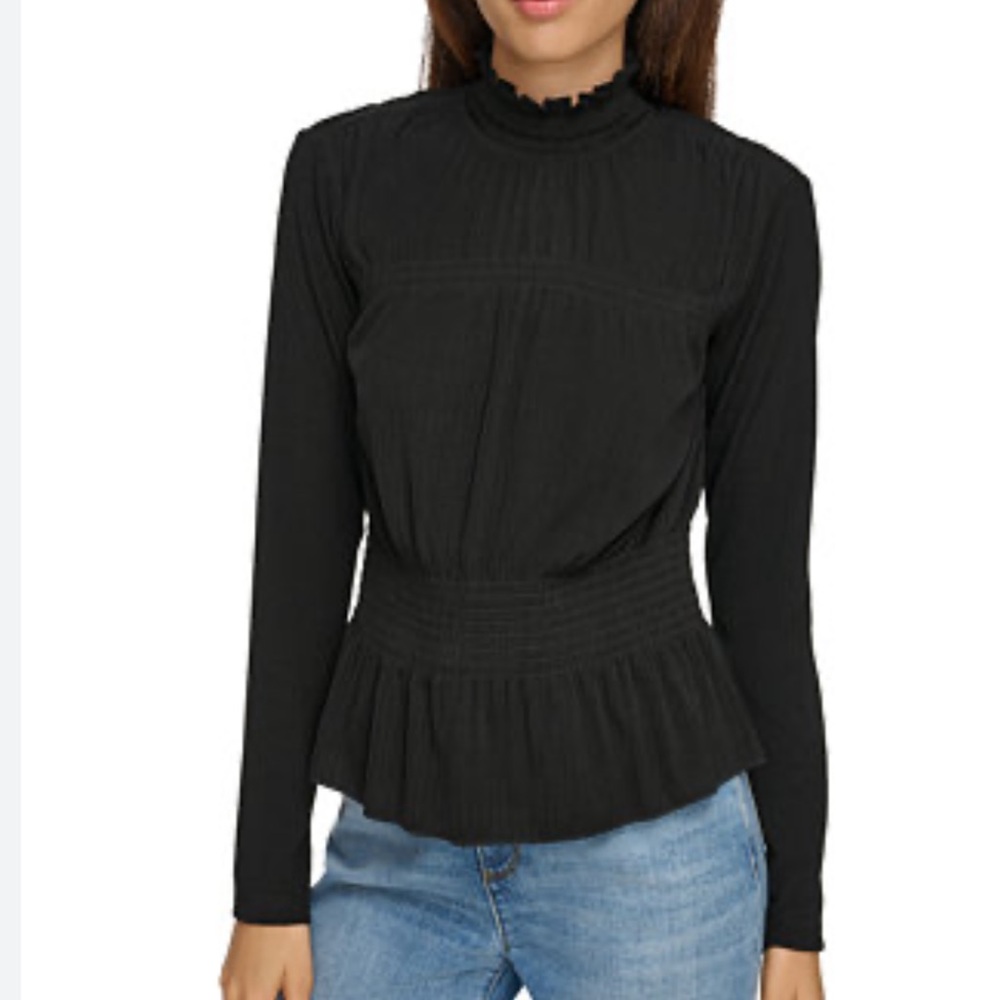 Karl Lagerfeld Black Ruffled-Neck Smocked Waist Long Sleeve Top